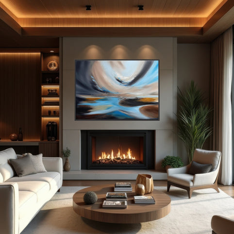 Abstract seascape painting in lounge with glowing fireplace