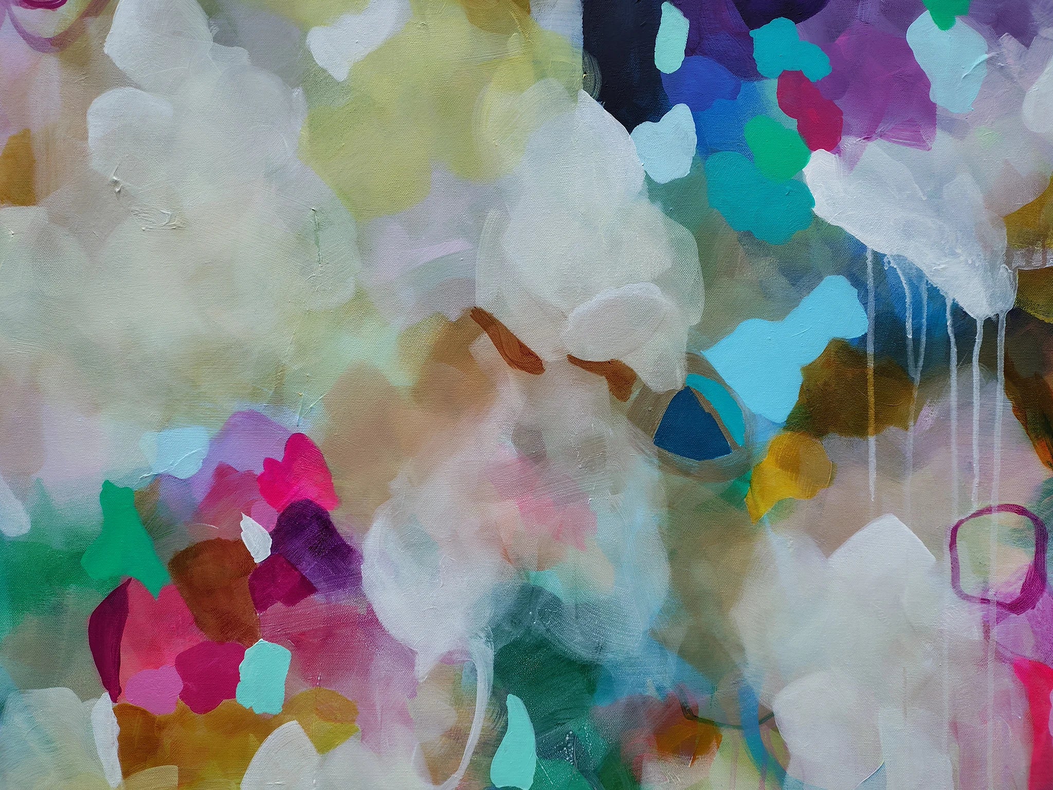 Abstract watercolor painting with layered translucent shapes in white, pink, purple, blue, green, yellow, and brown, including paint-drip details.