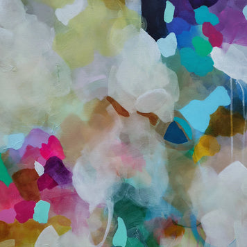 Abstract watercolor painting with layered translucent shapes in white, pink, purple, blue, green, yellow, and brown, including paint-drip details.