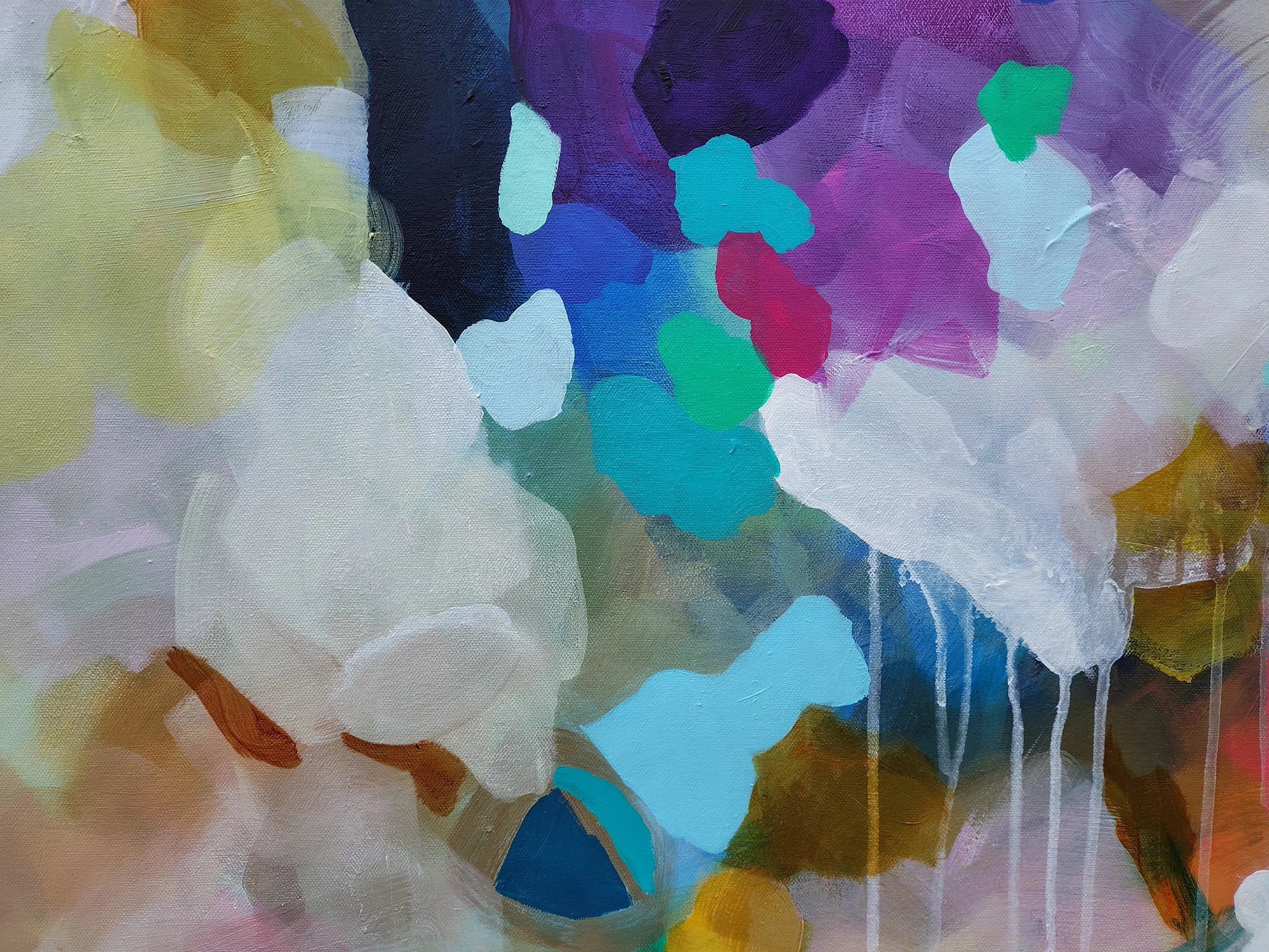 Abstract painting with layered brushstrokes and drips in white, purple, blue, teal, green, yellow, pink, and brown tones.