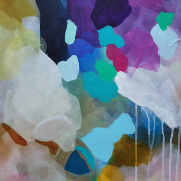 Abstract painting with layered brushstrokes and drips in white, purple, blue, teal, green, yellow, pink, and brown tones.