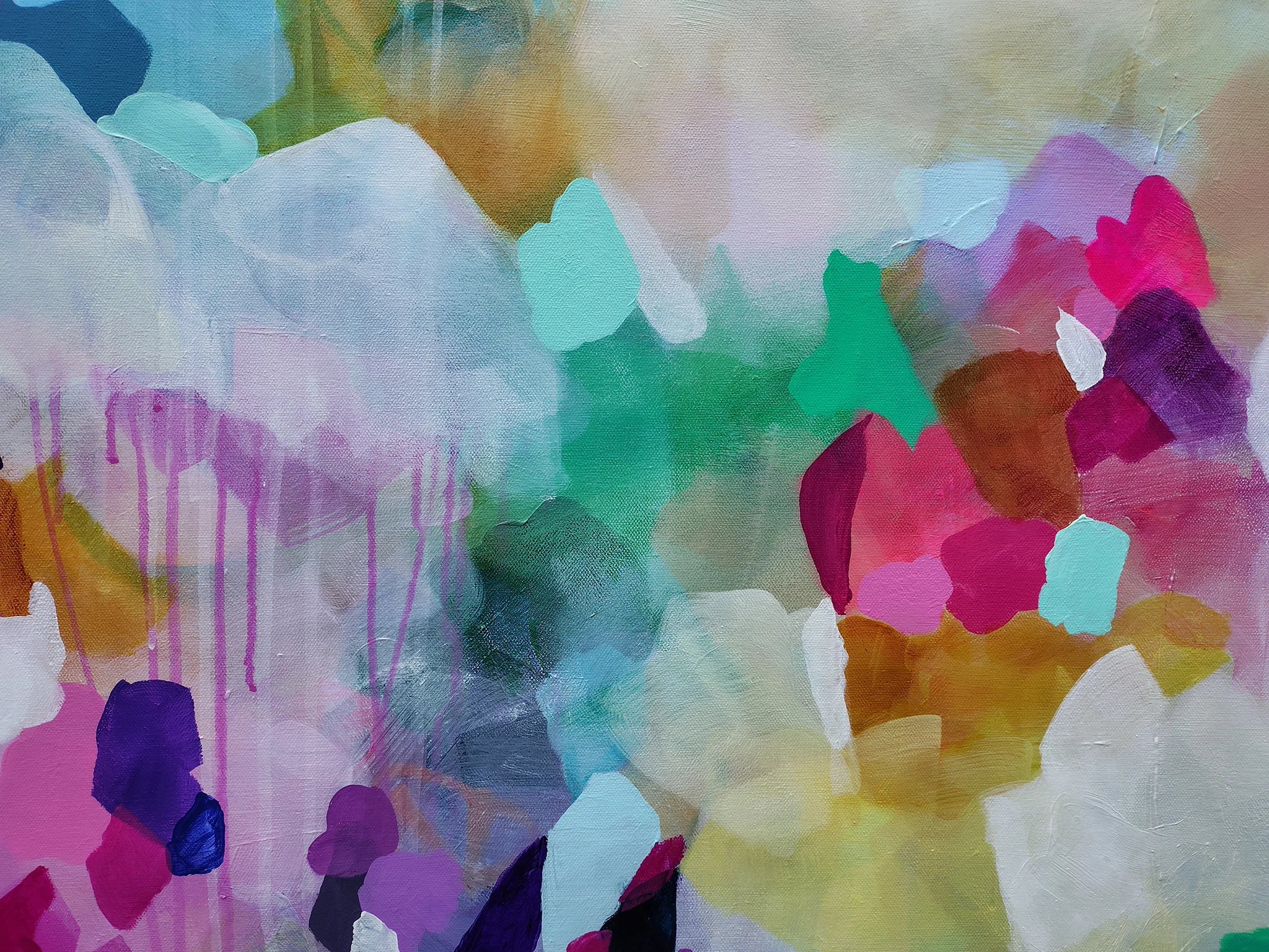 Abstract watercolor painting with layered translucent shapes and drips in pink, purple, teal, green, yellow, blue, and white.