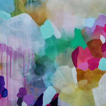 Abstract watercolor painting with layered translucent shapes and drips in pink, purple, teal, green, yellow, blue, and white.