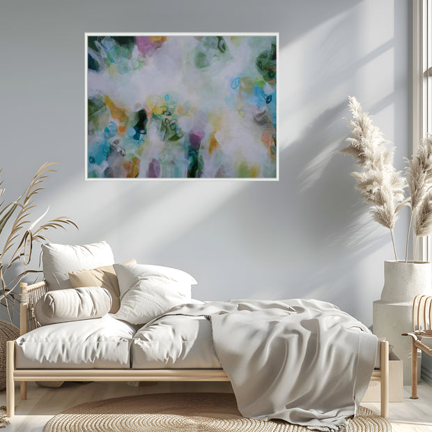 Modern bedroom with a bed, abstract art on the wall, and decorative plants.