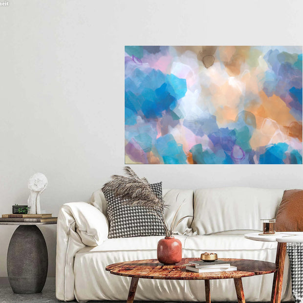 Living room with a white sofa, decorative pillows, and a colorful abstract painting on the wall.
