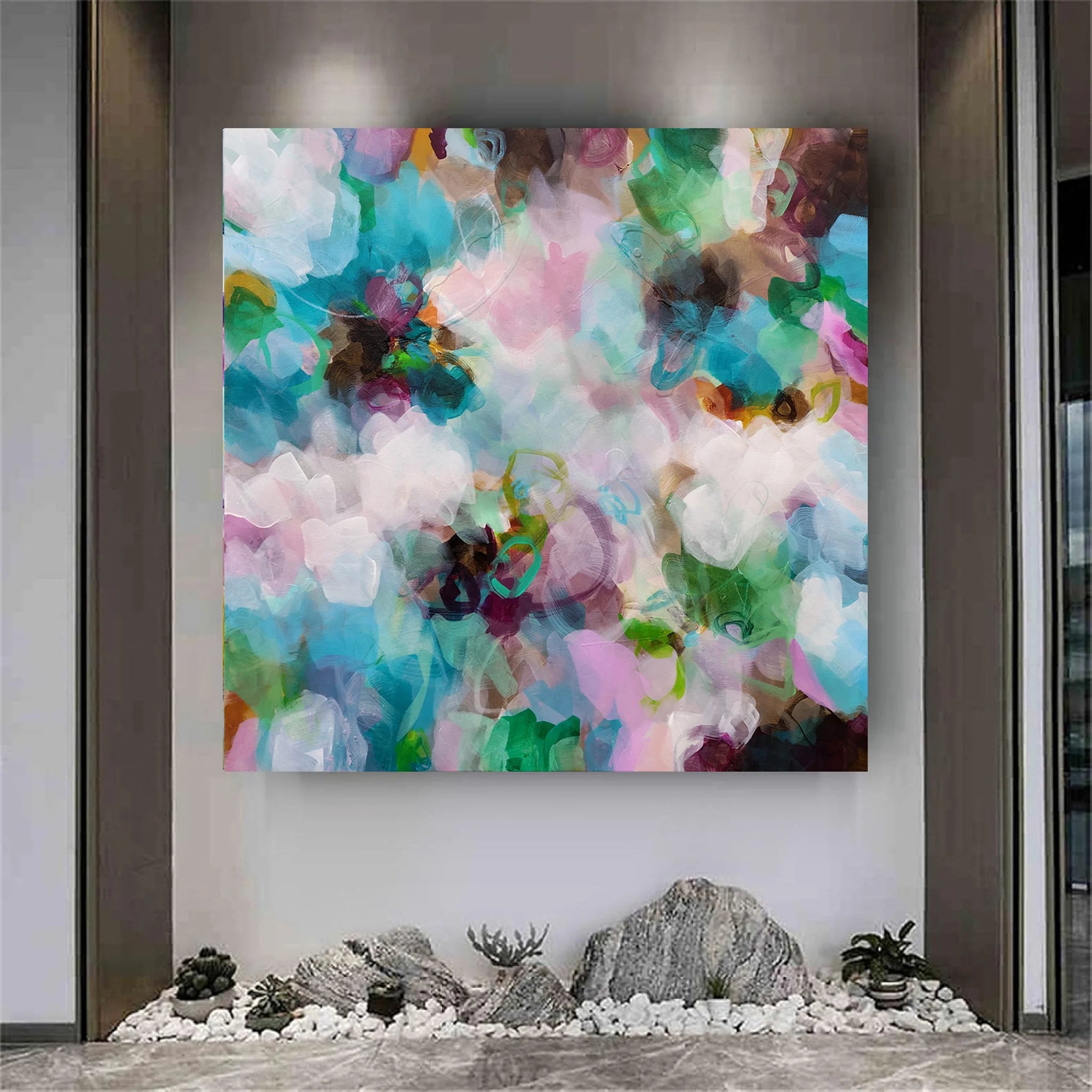 Colorful floral inspired Painting with floral patterns in various colors above fire