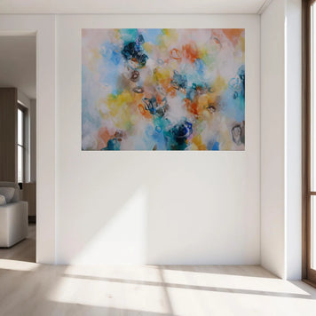 Abstract painting on a wall in a bright living room