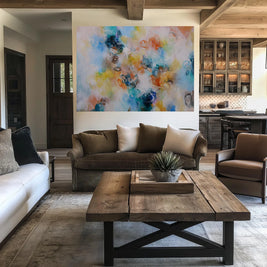 Modern living room with a brown sofa, white walls, and a colorful abstract painting.