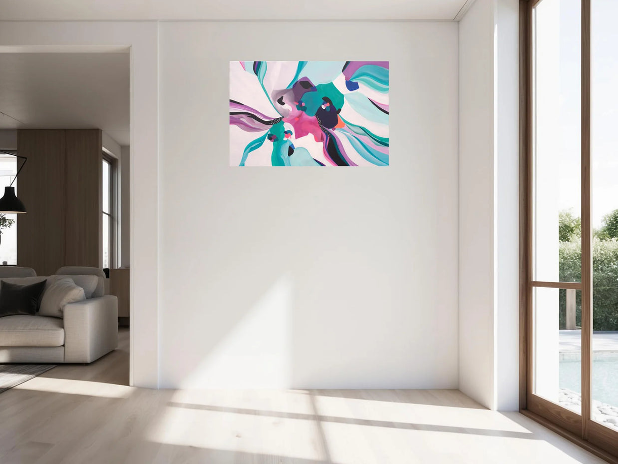 Abstract painting on a wall in a modern living room