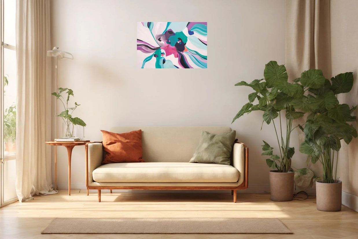 Modern living room with a beige sofa, colorful abstract painting, and potted plants.