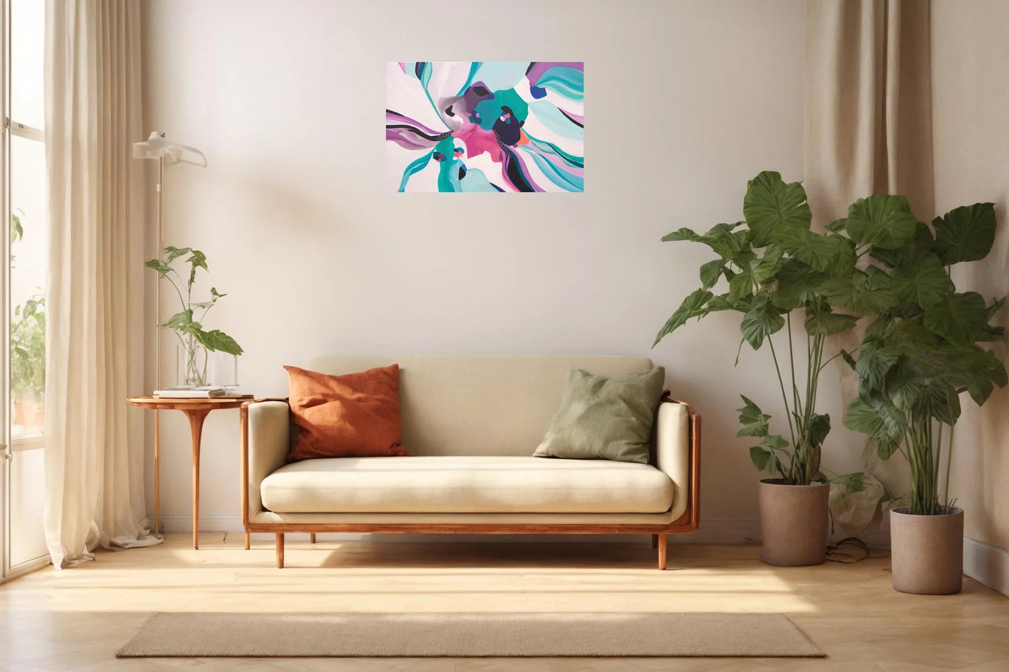 Modern living room with a beige sofa, colorful abstract painting, and potted plants.
