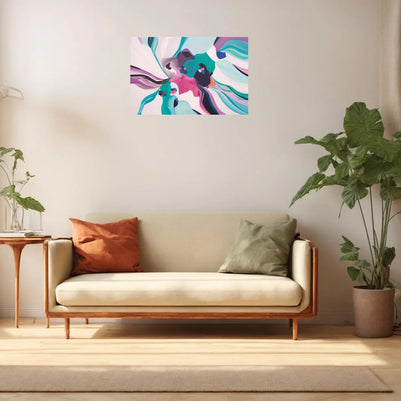 Modern living room with a beige sofa, colorful abstract painting, and potted plants.