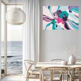 Modern interior with a colorful abstract painting on the wall, a dining table, and a view of the ocean.