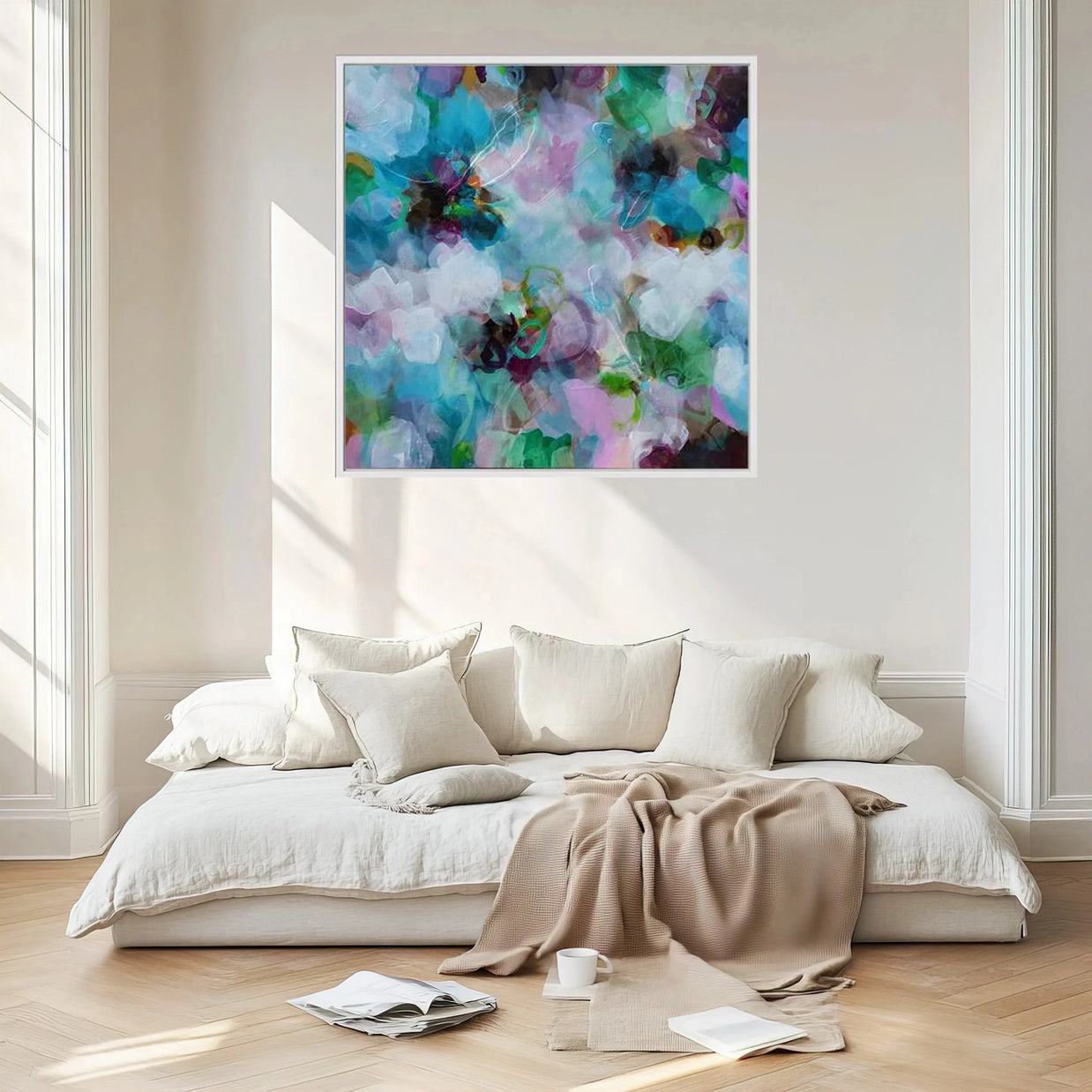 Modern bedroom with a bed, abstract painting on the wall, and minimal decor.