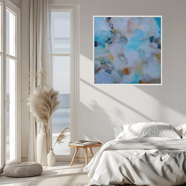 Modern bedroom with abstract art on the wall, large windows, and decorative elements.