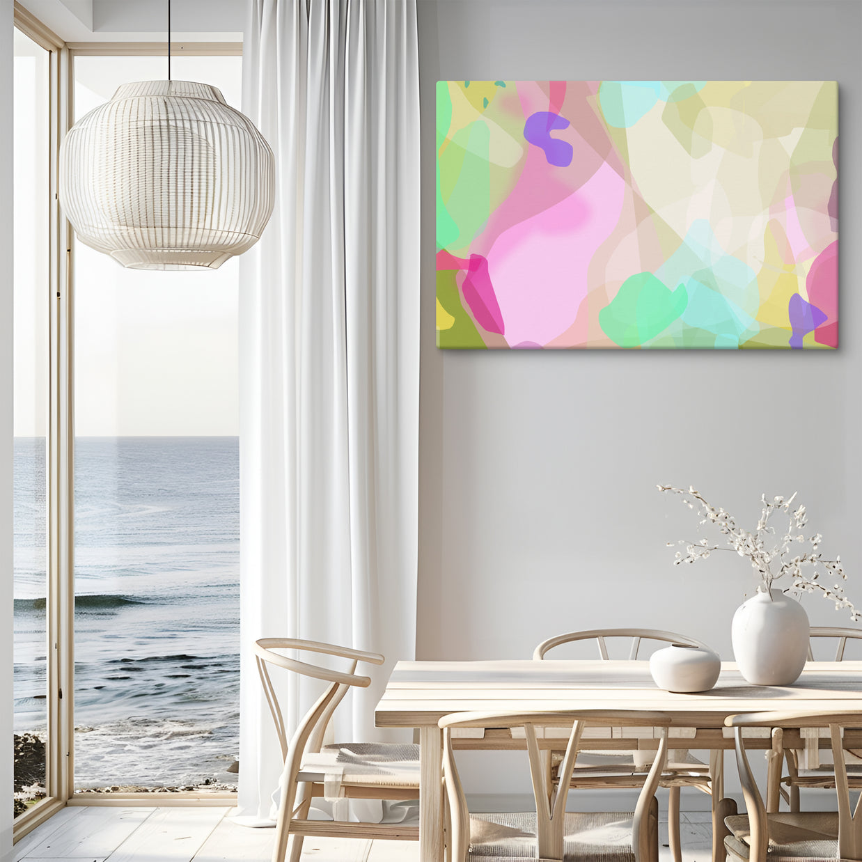 Modern interior with a dining table, chairs, and a colorful abstract painting on the wall.
