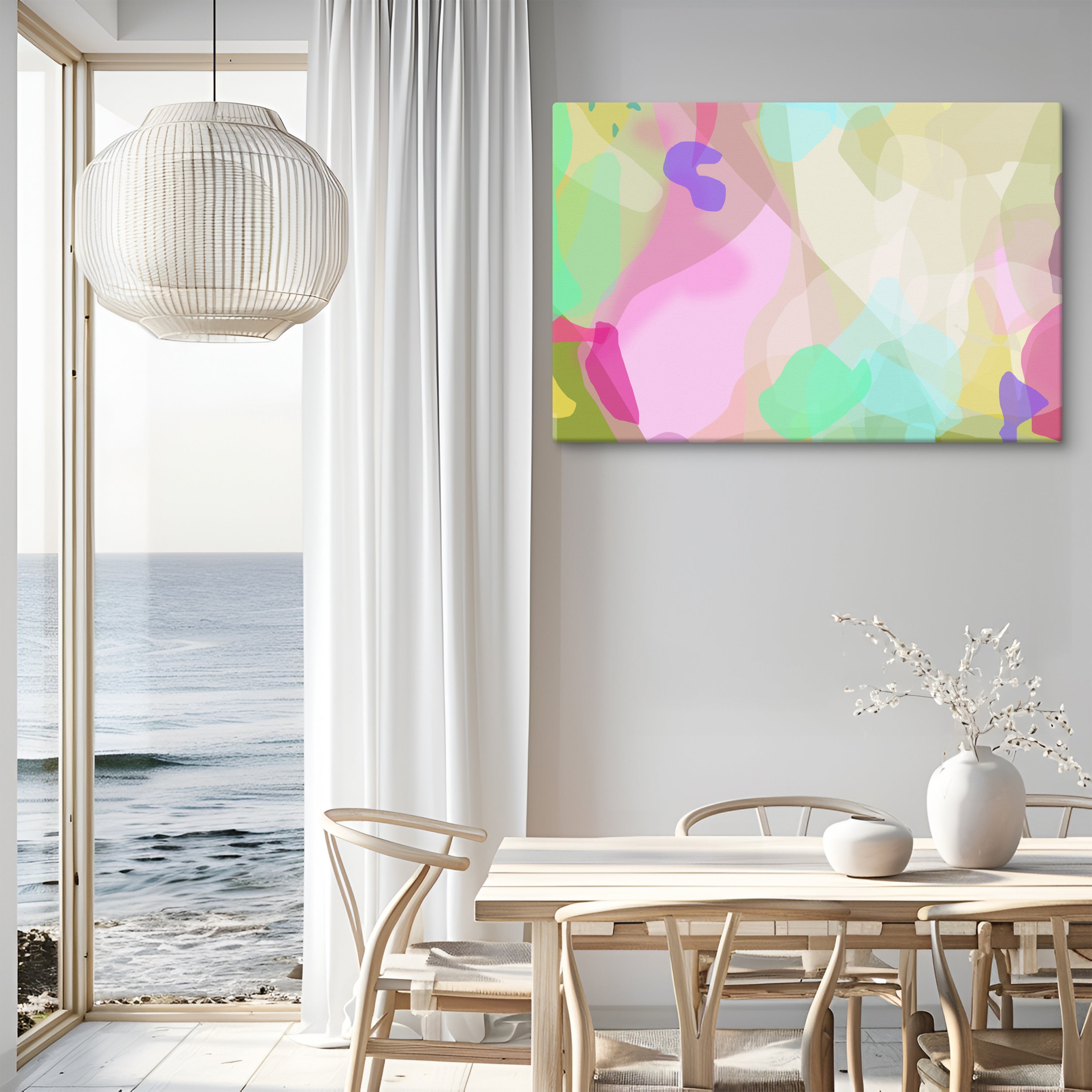 Modern interior with a dining table, chairs, and a colorful abstract painting on the wall.