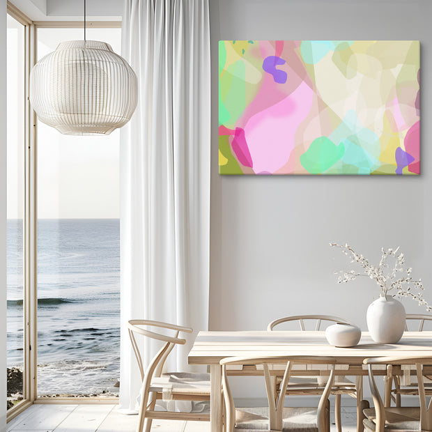 Modern interior with a dining table, chairs, and a colorful abstract painting on the wall.