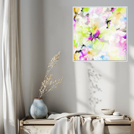 Colorful abstract painting on a wall above a wooden bench with decorative items.