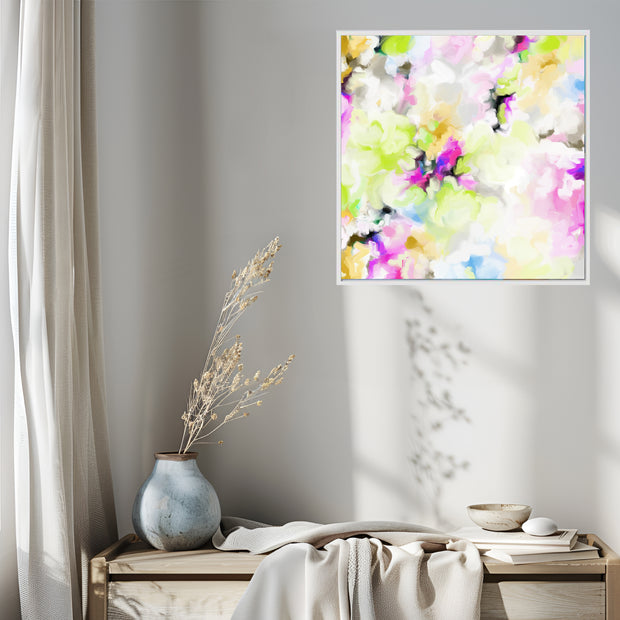 Colorful abstract painting on a wall above a wooden bench with decorative items.