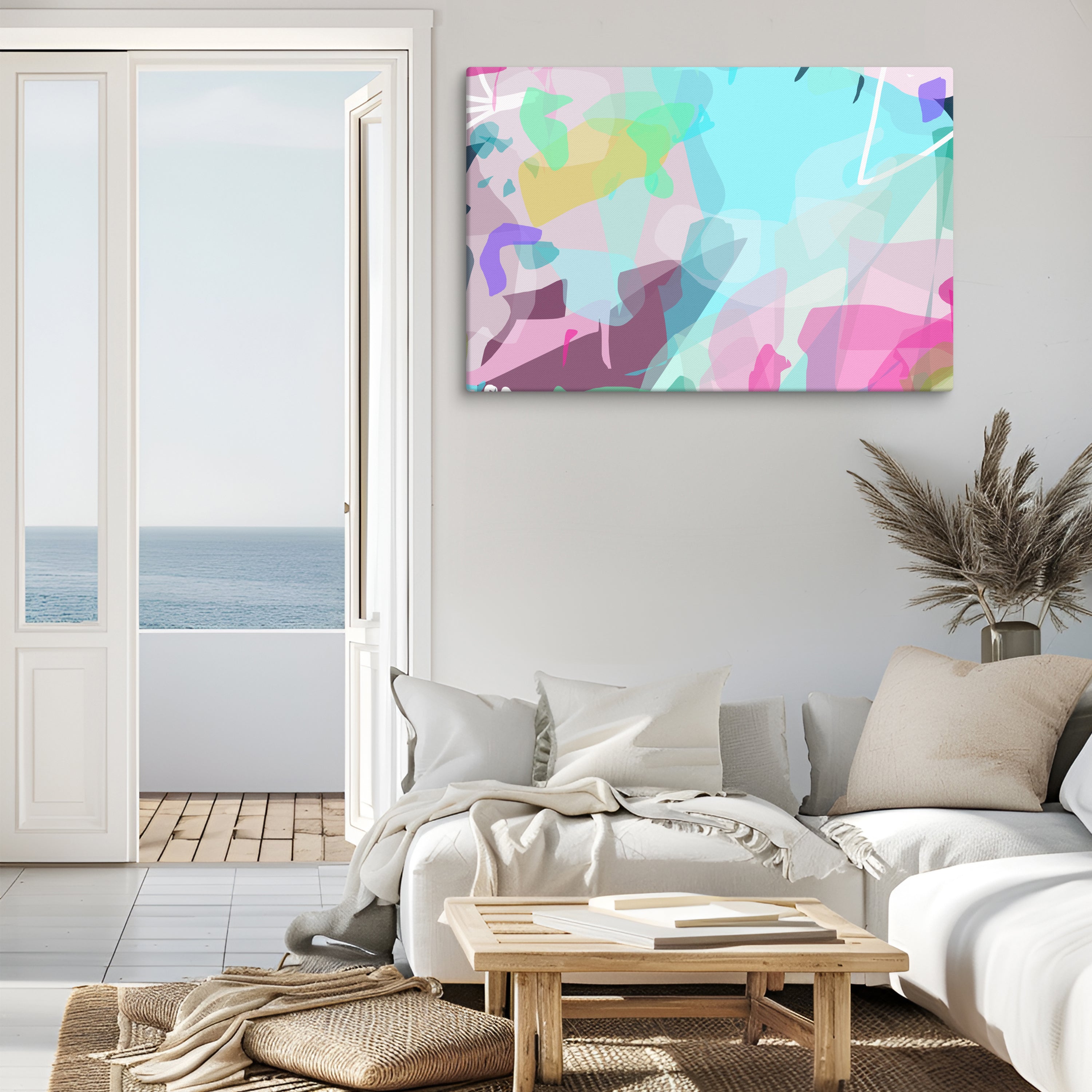 Living room with a colorful abstract painting on the wall, a sofa, and a view of the ocean.