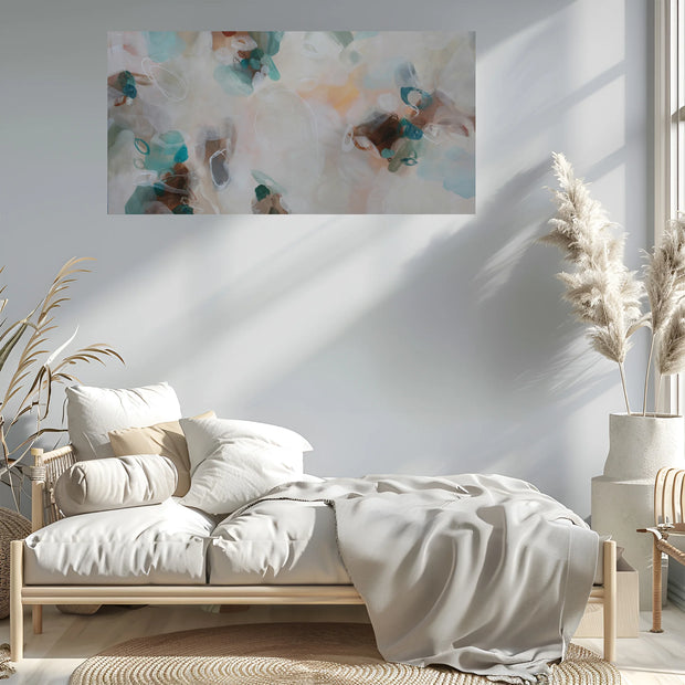 Modern bedroom with a bed, abstract painting on the wall, and decorative elements.