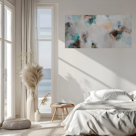 Modern bedroom with large windows, abstract painting, and decorative elements.