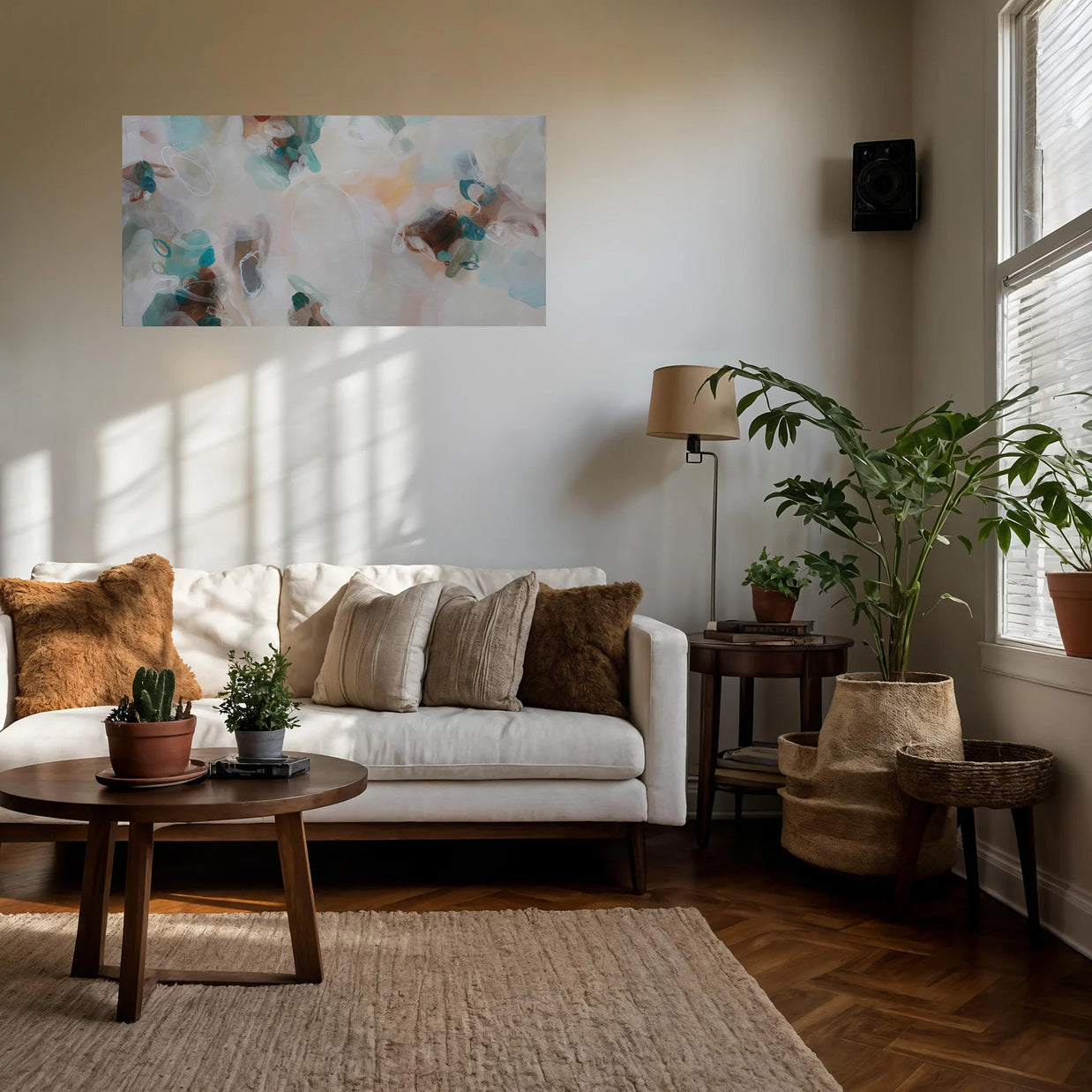 Living room with a white sofa, wooden coffee table, and decorative elements.