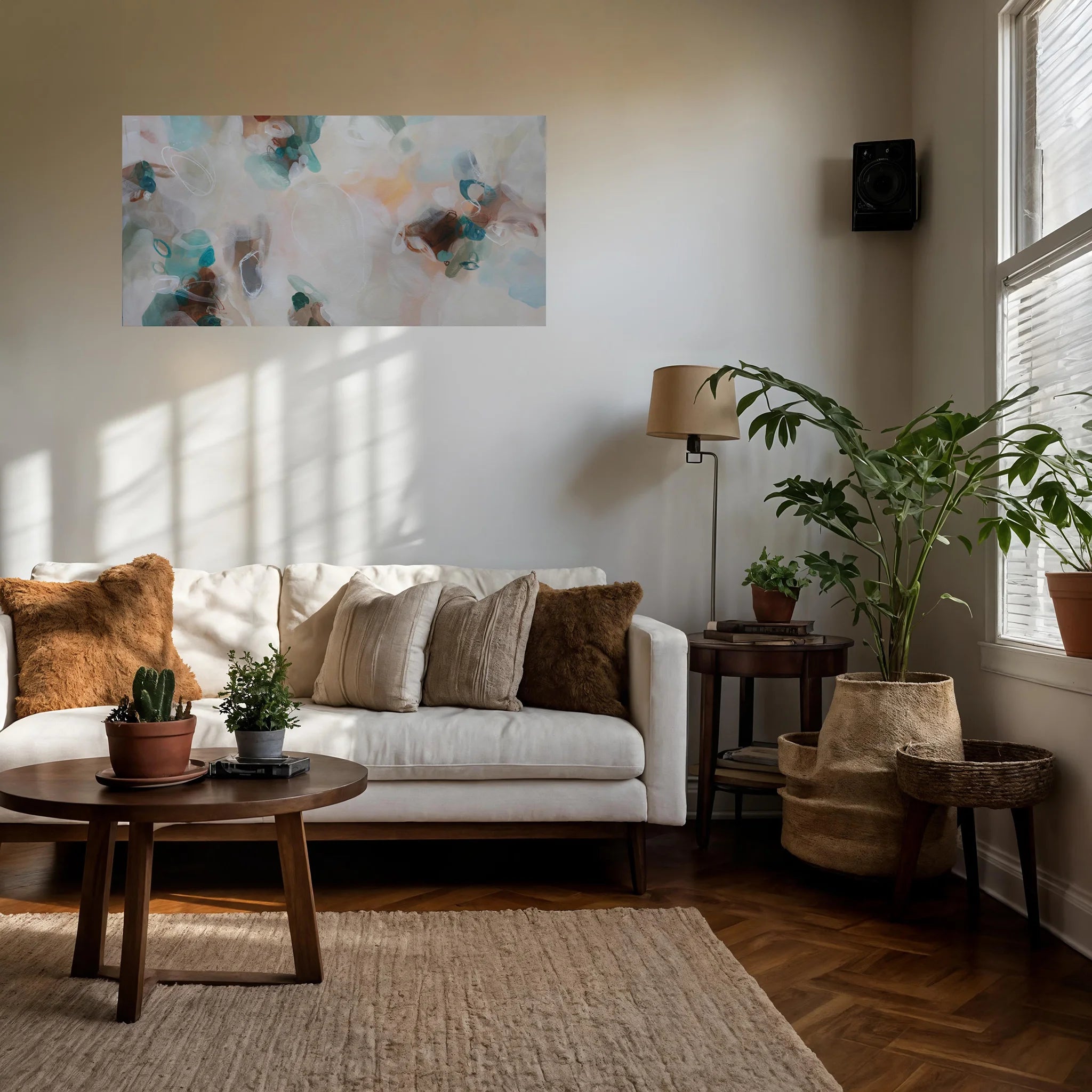 Living room with a white sofa, wooden coffee table, and decorative elements.
