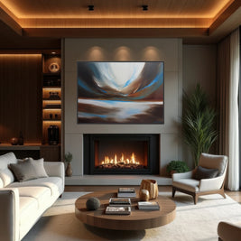 Modern living room with a fireplace, TV, and decorative items.