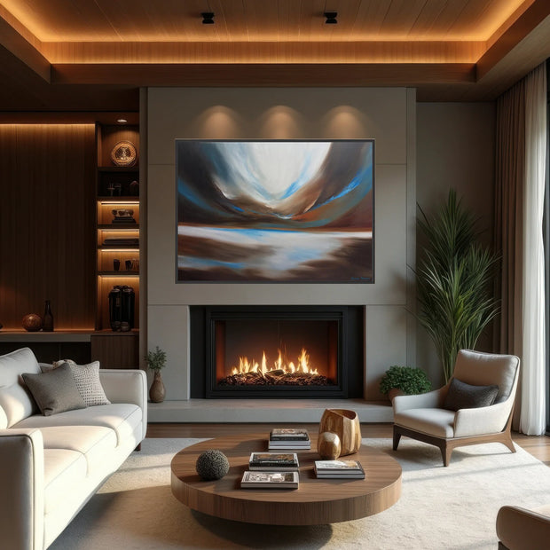 Modern living room with a fireplace, TV, and decorative items.