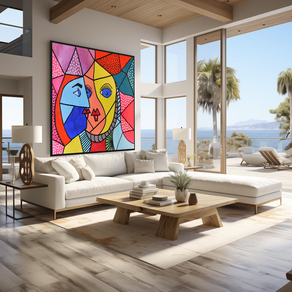 A large, colorful framed wall art piece featuring a geometric, cubist-style face hangs above a white sectional sofa in a modern, sunlit living room with wood floors and large windows overlooking a beach and ocean view.