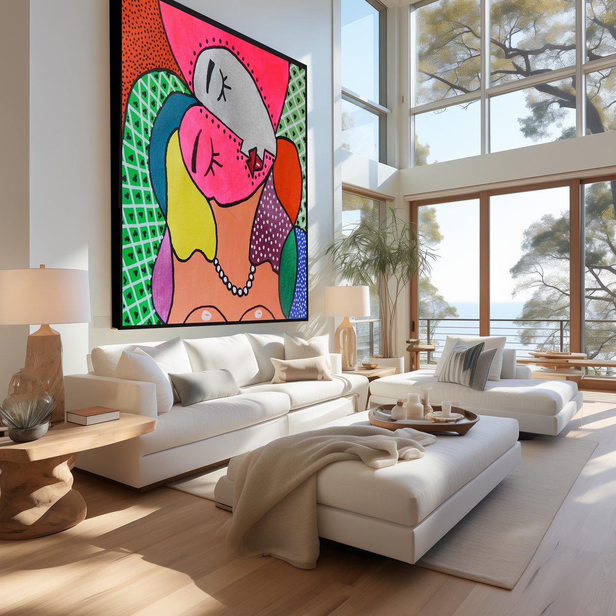 A large, vibrant abstract canvas print featuring a stylized face in bright pink, green, yellow, orange, and purple, displayed on a wall in a modern, sunlit living room with white sofas and large windows overlooking a scenic view.