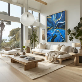 A large framed abstract canvas print with vibrant blue, gold, and white swirls hangs on a white wall in a bright, modern living room with a white sectional sofa, wooden coffee table, and large windows.