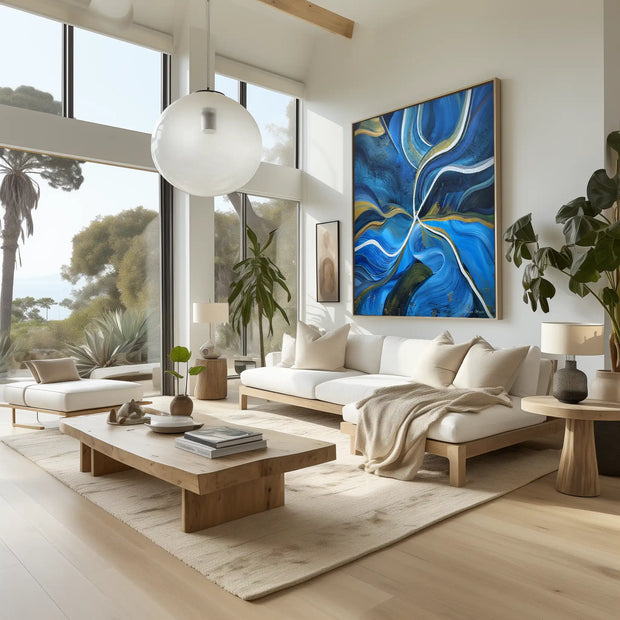 A large framed abstract canvas print with vibrant blue, gold, and white swirls hangs on a white wall in a bright, modern living room with a white sectional sofa, wooden coffee table, and large windows.