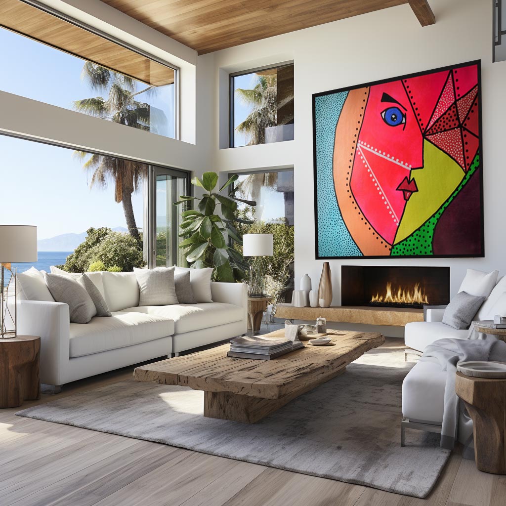 A large, colorful abstract cubist-style wall art piece featuring a stylized face is displayed in a modern, sunlit living room with white sofas, a rustic wood coffee table, and a fireplace.