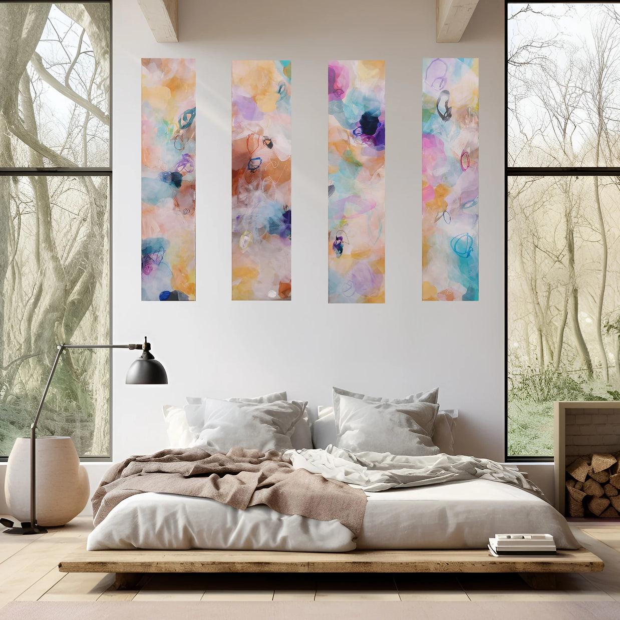 Modern bedroom with colorful abstract wall art and large windows.