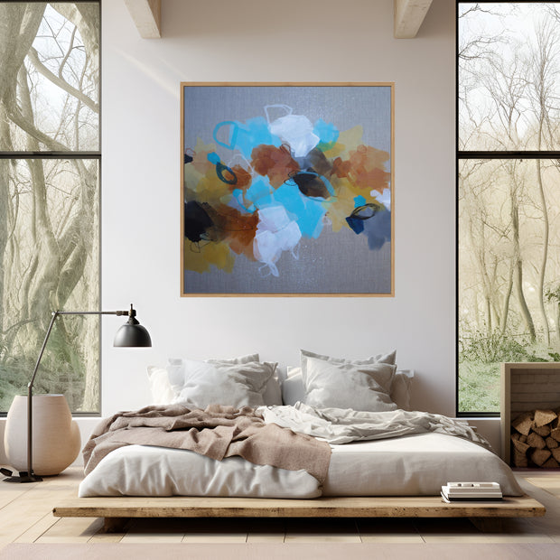 Modern bedroom with abstract art on the wall, large windows, and natural light.