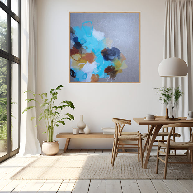 Modern dining room with abstract art, plants, and wooden furniture.
