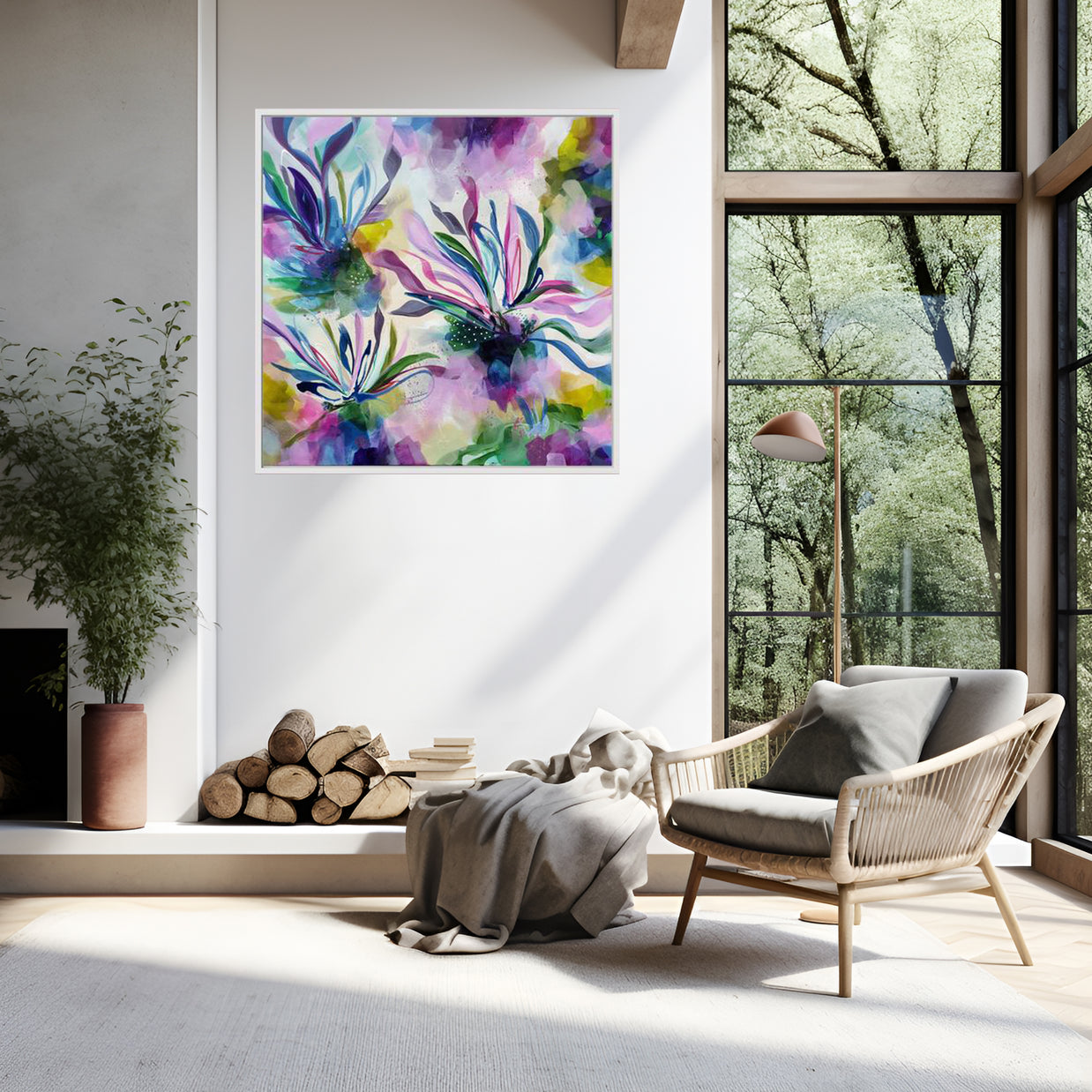 Modern living room with a colorful abstract painting, armchair, and large window.