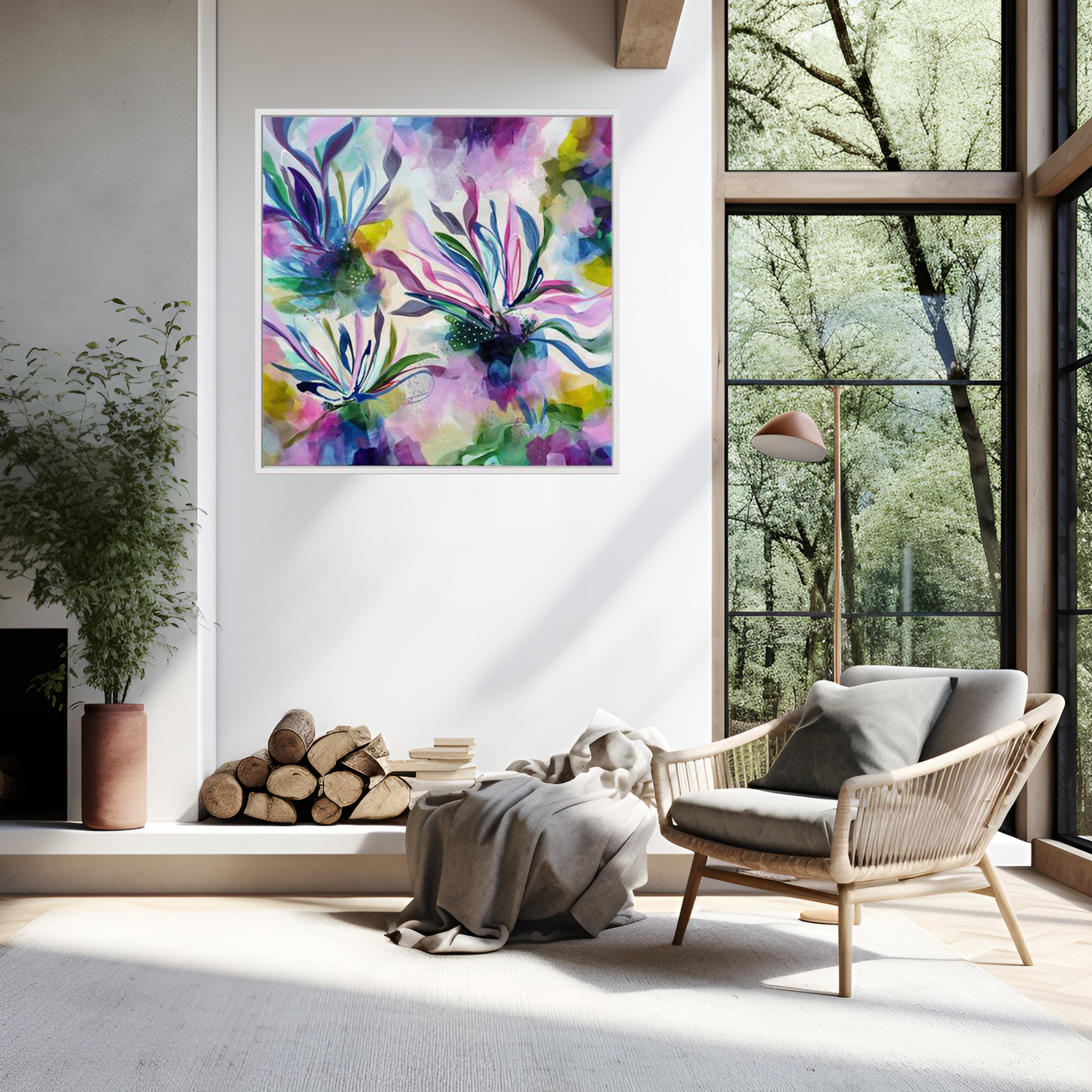 Modern living room with a colorful abstract painting, armchair, and large window.
