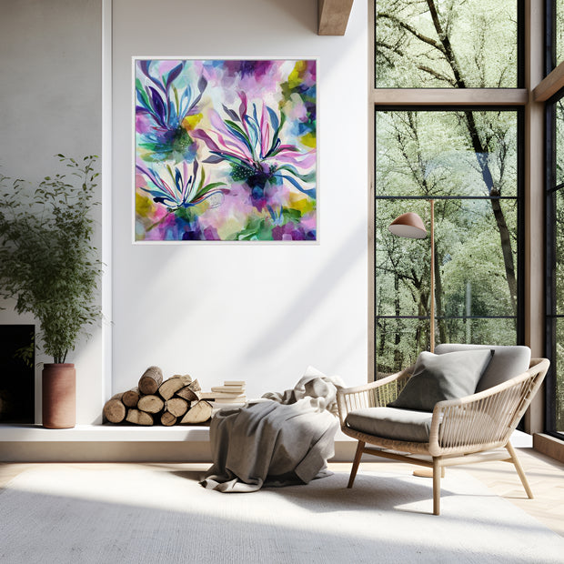 Modern living room with a colorful abstract painting, armchair, and large window.