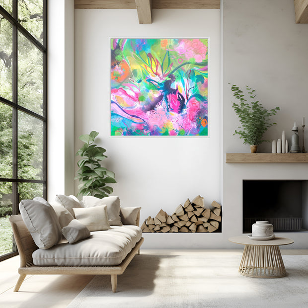Modern living room with a colorful abstract painting on the wall, a sofa, and a fireplace.