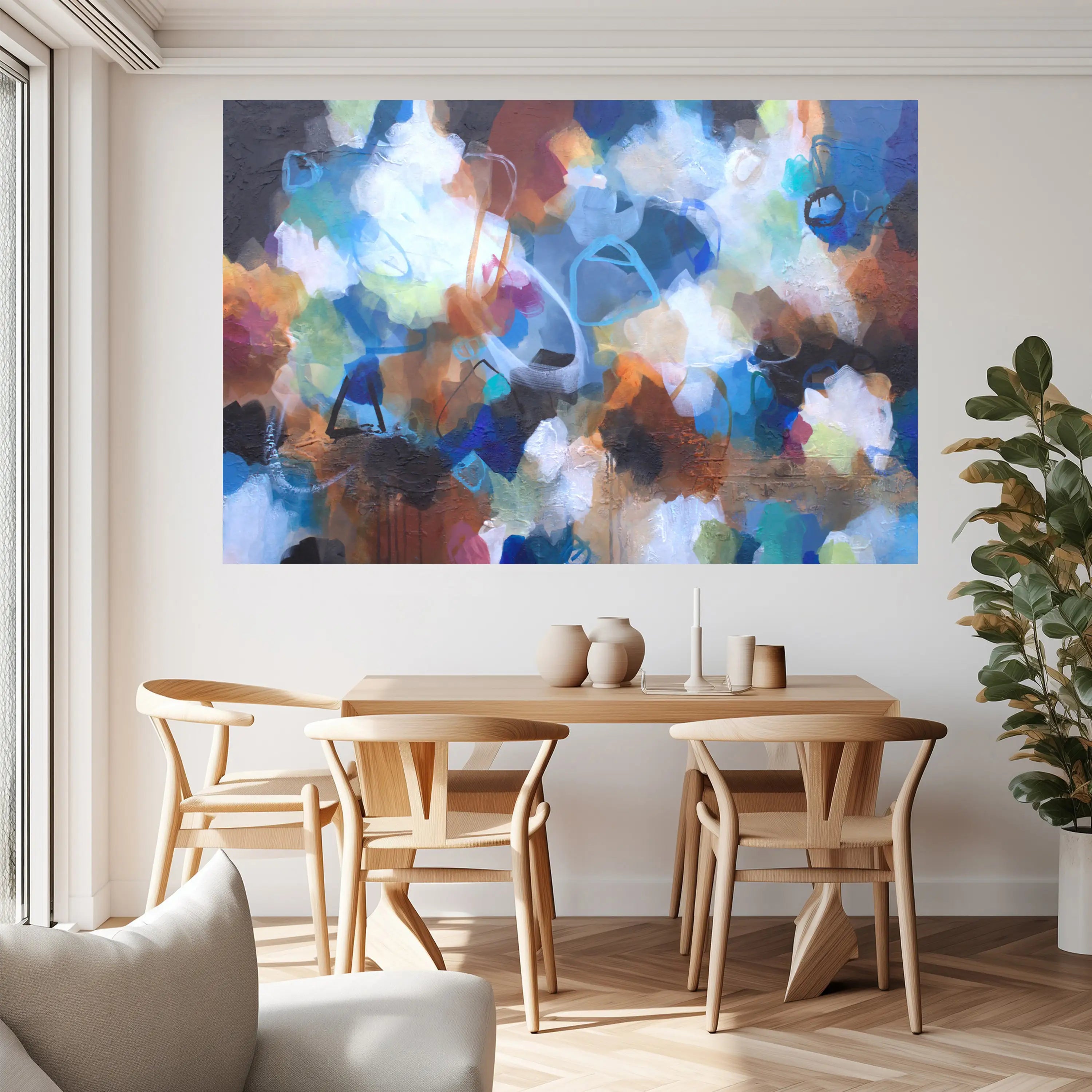 Dining room with a colorful abstract painting on the wall
