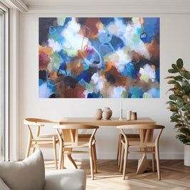 Dining room with a colorful abstract painting on the wall