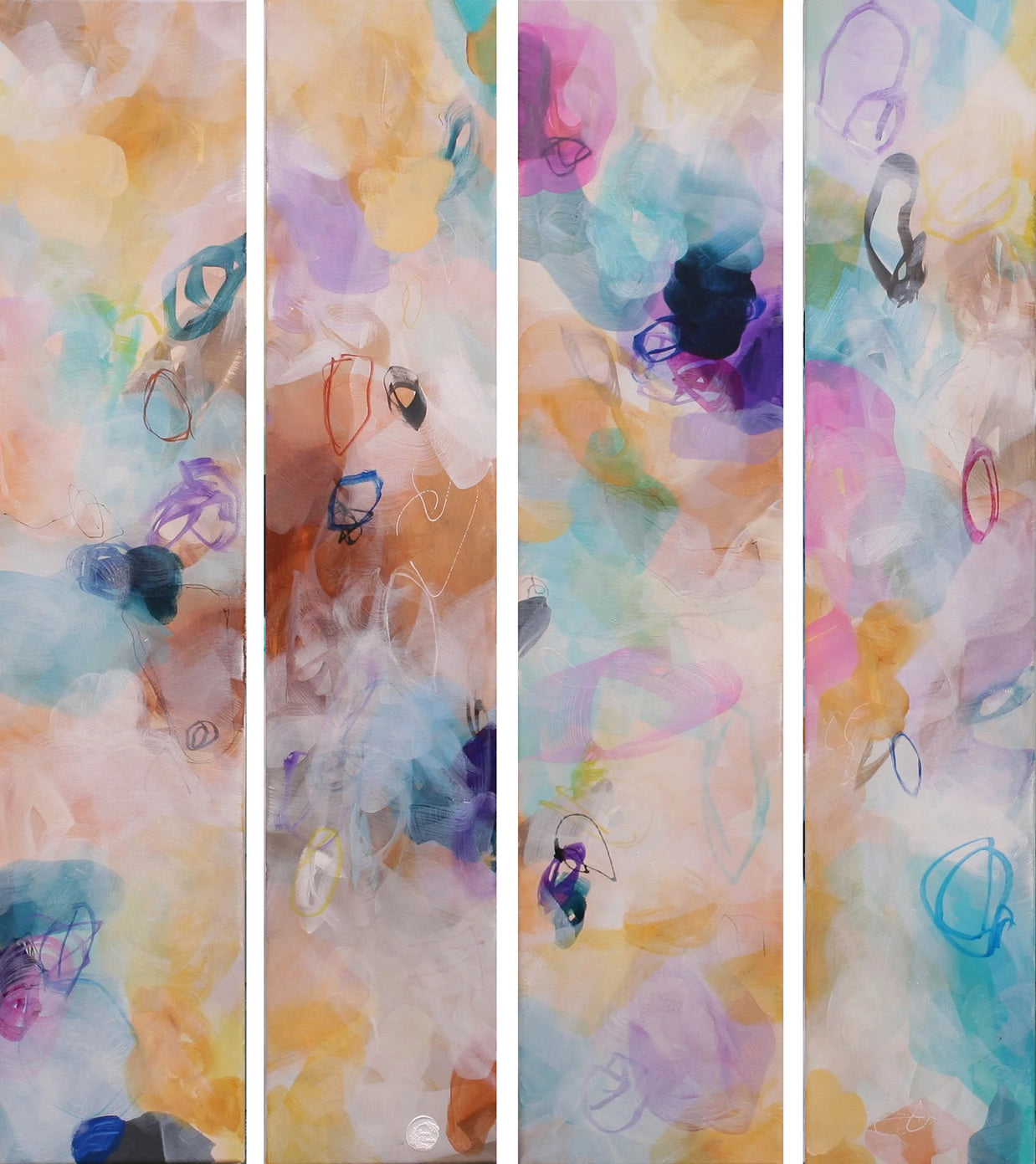 Colorful abstract art with watercolor textures on a white background