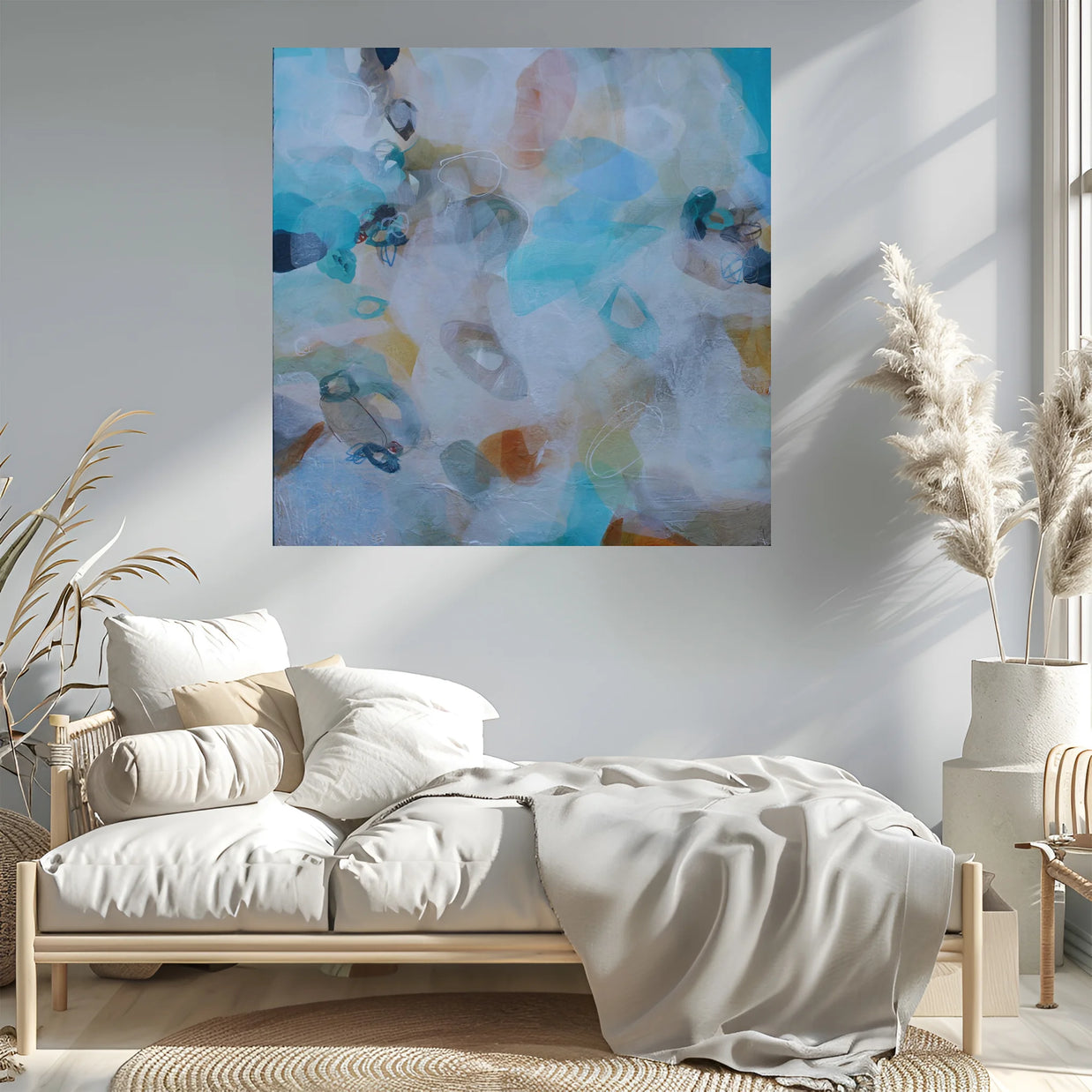 Modern bedroom with a bed, abstract painting on the wall, and decorative plants.