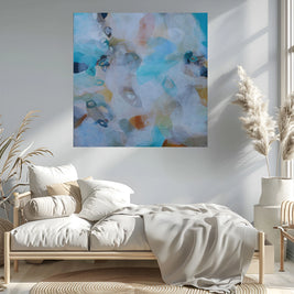 Modern bedroom with a bed, abstract painting on the wall, and decorative plants.