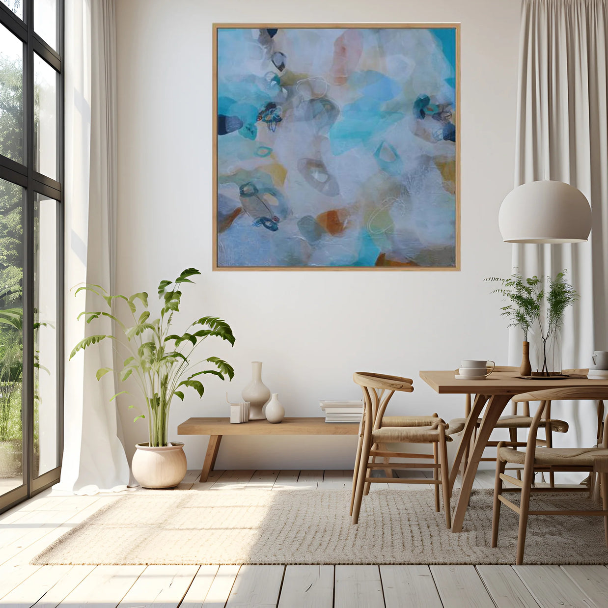 Modern dining room with abstract art, plants, and wooden furniture.
