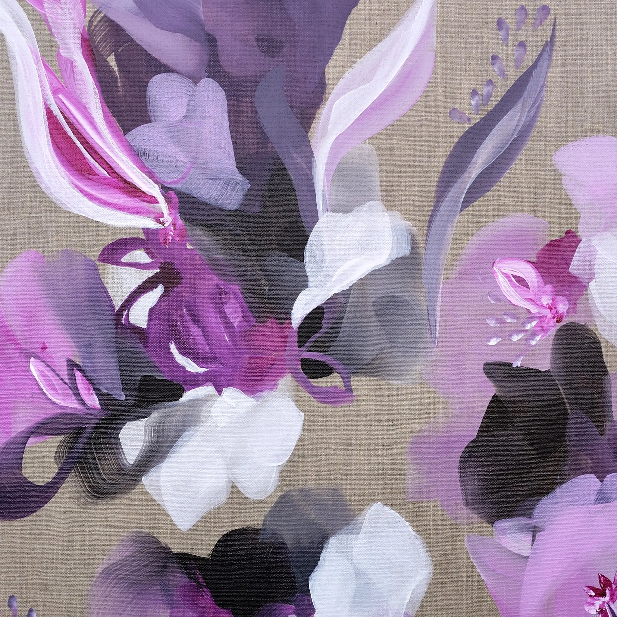 Floral inspired abstract art, purple, lilac, mauve white, charcoal and grey on a linen canvas